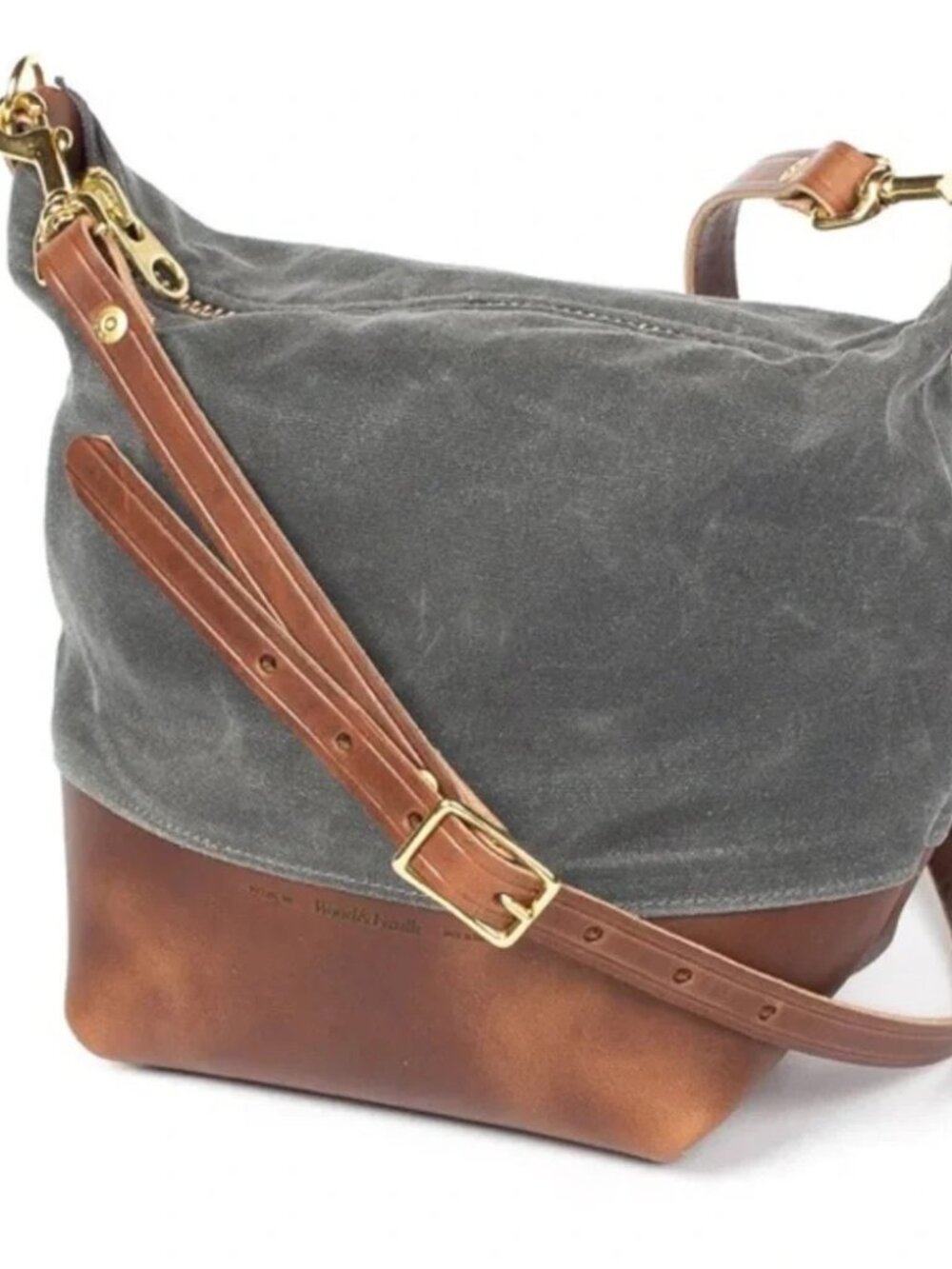 Wood & Faulk Grey and Brown Leather Crossbody Field Bag Medium Size Made USA